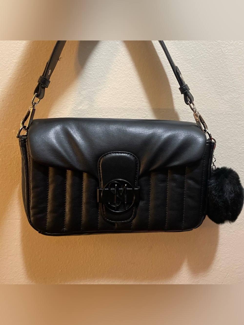 Steve Madden Black Quilted Shoulder Bag with Logo Charm